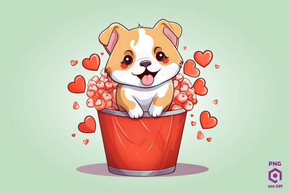 Akita Dog in Hearts Basket