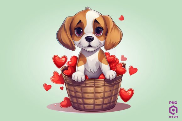 Beagle Dog in Hearts Basket
