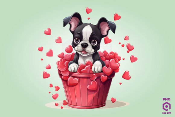 Boston Terrier Dog in Hearts Basket