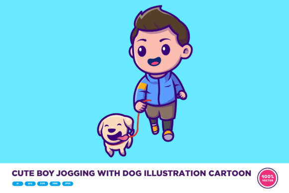 Cute Boy Jogging with Dog Illustration