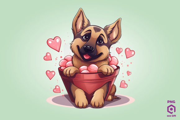 German Shepherd Dog in Hearts Basket