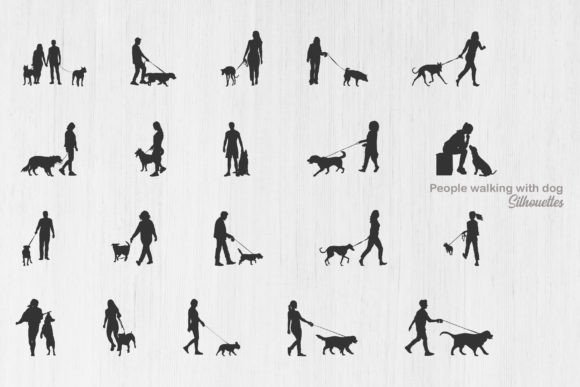 People Walking Dog Silhouettes -V02