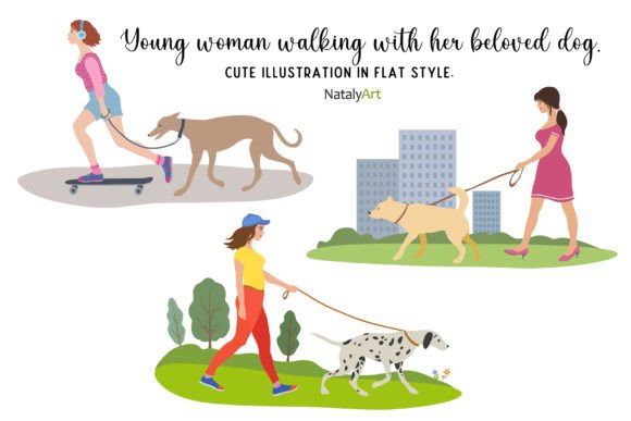 Young Women Walking with Dog